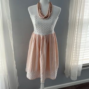 Summer Party Worthy Peach & White Pointelle and Embroidery Strapless Dress